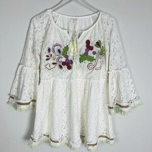 NEW Velzera Tunic Blouse‎ Embroidered Peasant Top Lace Crochet Cottagecore Boho